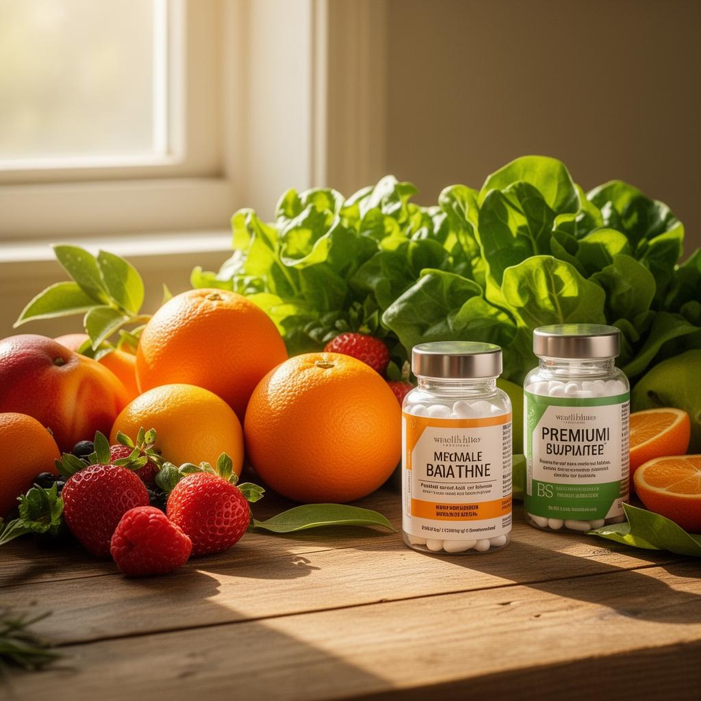 Fresh fruits, leafy greens and premium supplements
